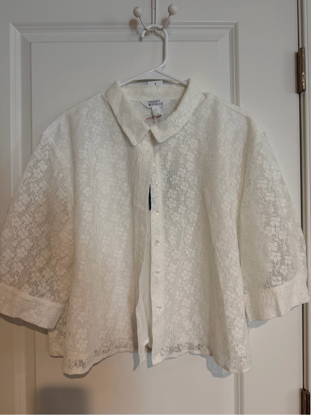 Market & Spruce Ivory Lace Button-Front Short Sleeve Blouse